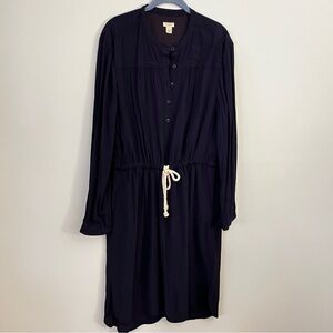 J. Crew Navy Blue Bishop Sleeve Collar Dress with Cream Rope Belt Detail